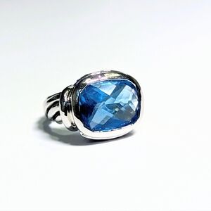 Sea Blue Topaz CZ Statement Ring | Twisted Rope Silver Band | Size 7 Boho Y2K